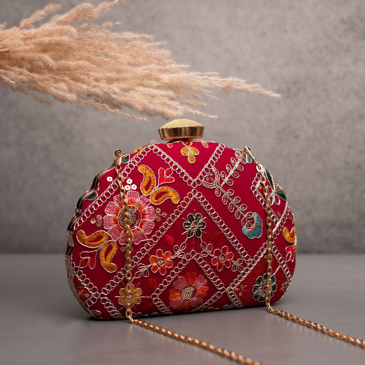 Embroidered D Shape clutch
