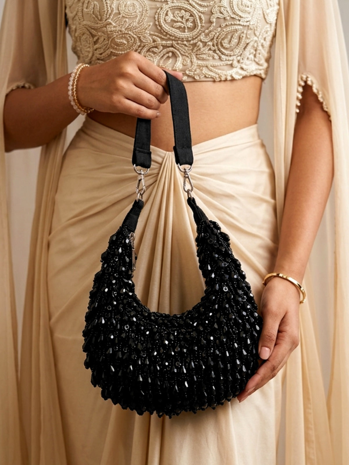 Beaded Half Moon Clutch - Black