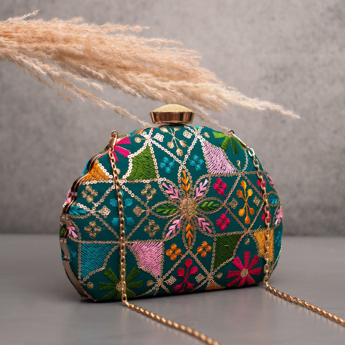 Embroidered D Shape Clutch