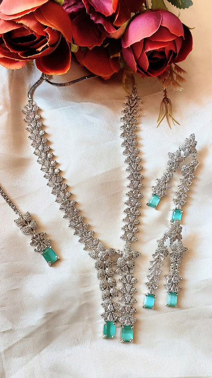 American Diamond Necklace with Maangtika and Earrings