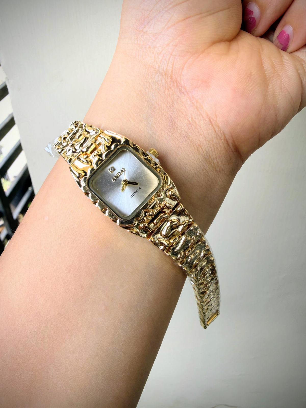 Gold metallic Cushion Watch - White